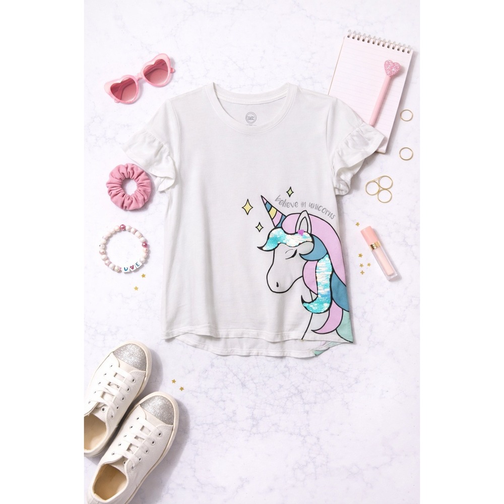 Girl White‎ Unicorn Graphic Tee Sequins Flutter Sleeve Believe Unicorns Size 18